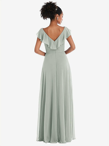 【NEW】【STYLE: TH064】Ruffle-Trimmed V-Back Chiffon Maxi ドレス【COLOR: Willow Green】【SIZE: 00-30W】