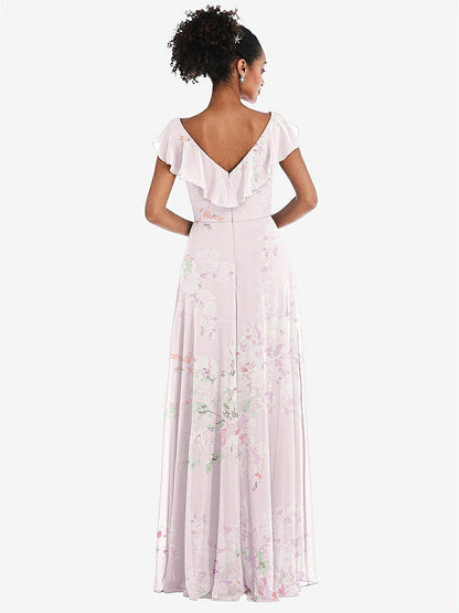 【STYLE: TH064】Ruffle-Trimmed V-Back Chiffon Maxi Dress【COLOR: Watercolor Print】