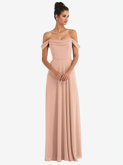 【NEW】【STYLE: TH065】オフショルダー ドレープ ネックライン マキシ ドレス【COLOR: Pale Peach】【SIZE: 00-30W】