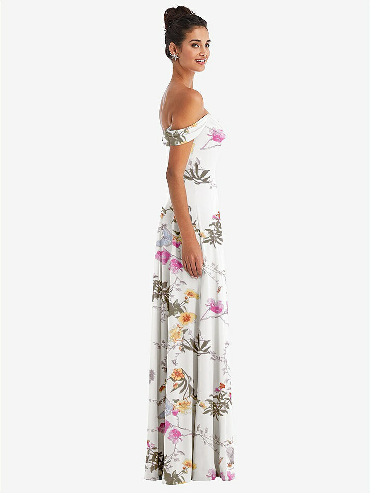 【NEW】【STYLE: TH065】オフショルダー ドレープ ネックライン マキシ ドレス【COLOR: Butterfly Botanica Ivory】【SIZE: 00-30W】