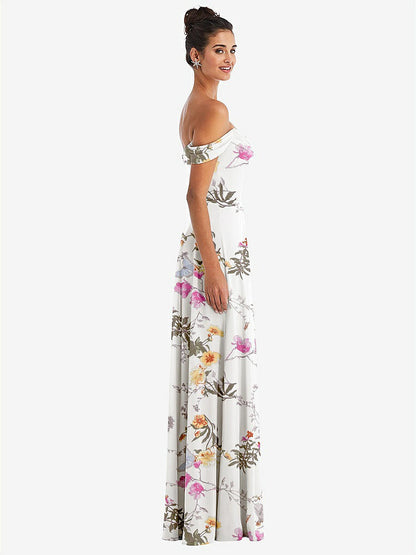 【NEW】【STYLE: TH065】オフショルダー ドレープ ネックライン マキシ ドレス【COLOR: Butterfly Botanica Ivory】【SIZE: 00-30W】