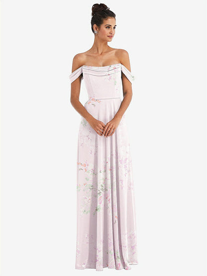 【NEW】【STYLE: TH065】オフショルダー ドレープ ネックライン マキシ ドレス【COLOR: Watercolor Print】【SIZE: 00-30W】
