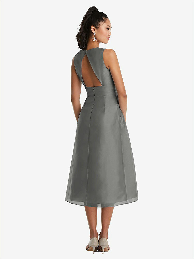 【STYLE: TH066】Bateau Neck Open-Back Pleated Skirt Midi Dress【COLOR: Charcoal Gray】