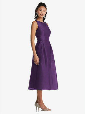 【STYLE: TH066】Bateau Neck Open-Back Pleated Skirt Midi Dress【COLOR: Majestic】