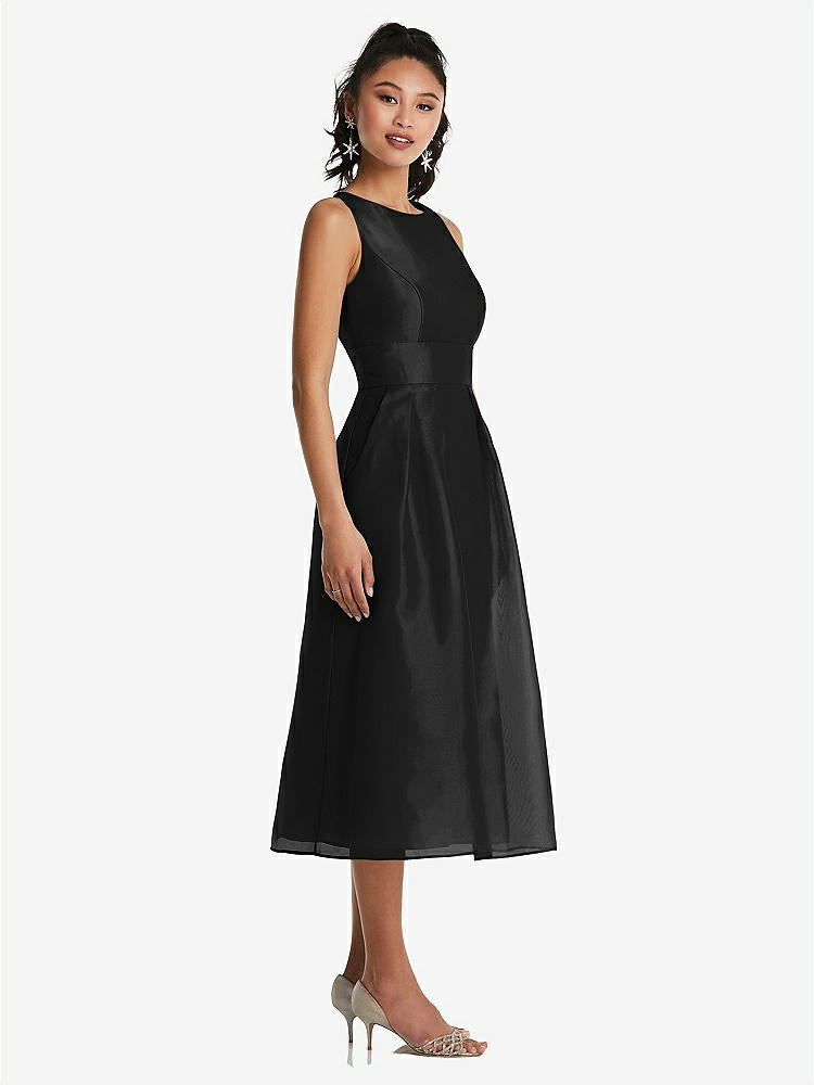 【STYLE: TH066】Bateau Neck Open-Back Pleated Skirt Midi Dress【COLOR: Black】