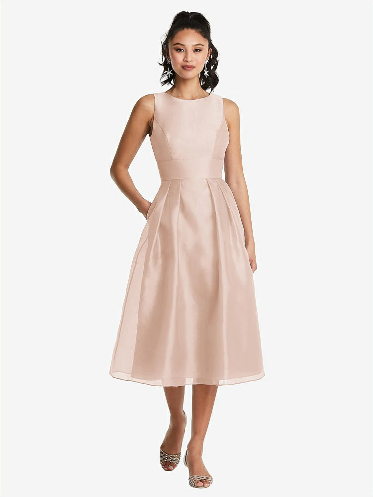 【STYLE: TH066】Bateau Neck Open-Back Pleated Skirt Midi Dress【COLOR: Cameo】