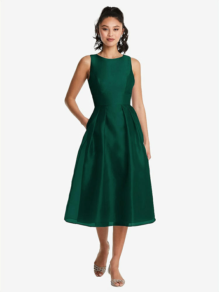 【STYLE: TH066】Bateau Neck Open-Back Pleated Skirt Midi Dress【COLOR: Hunter Green】