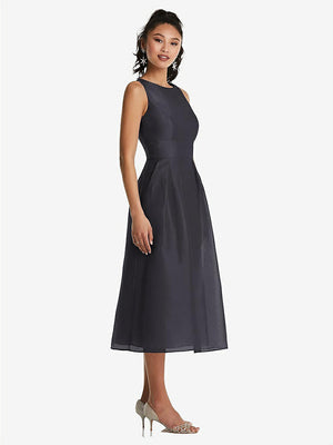 【STYLE: TH066】Bateau Neck Open-Back Pleated Skirt Midi Dress【COLOR: Onyx】