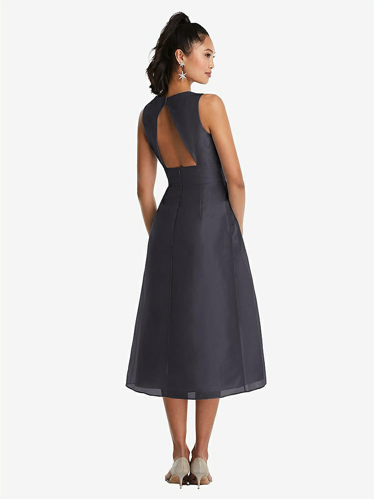 【STYLE: TH066】Bateau Neck Open-Back Pleated Skirt Midi Dress【COLOR: Onyx】