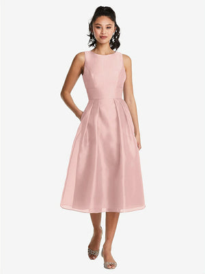 【STYLE: TH066】Bateau Neck Open-Back Pleated Skirt Midi Dress【COLOR: Rose - PANTONE Rose Quartz】