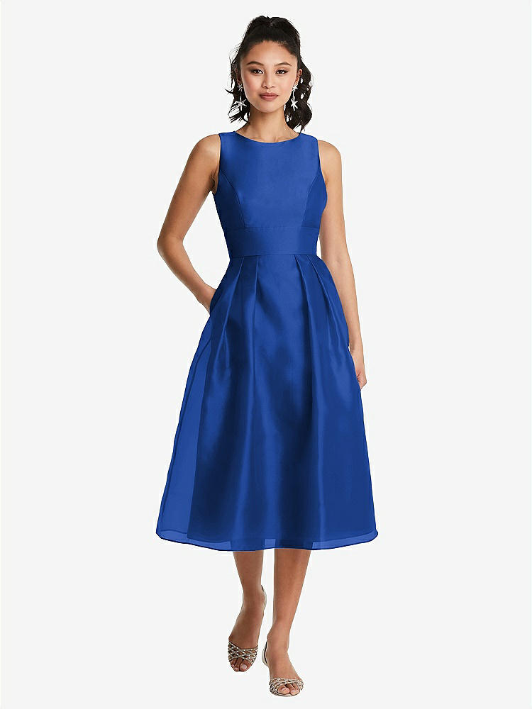 【STYLE: TH066】Bateau Neck Open-Back Pleated Skirt Midi Dress【COLOR: Sapphire】