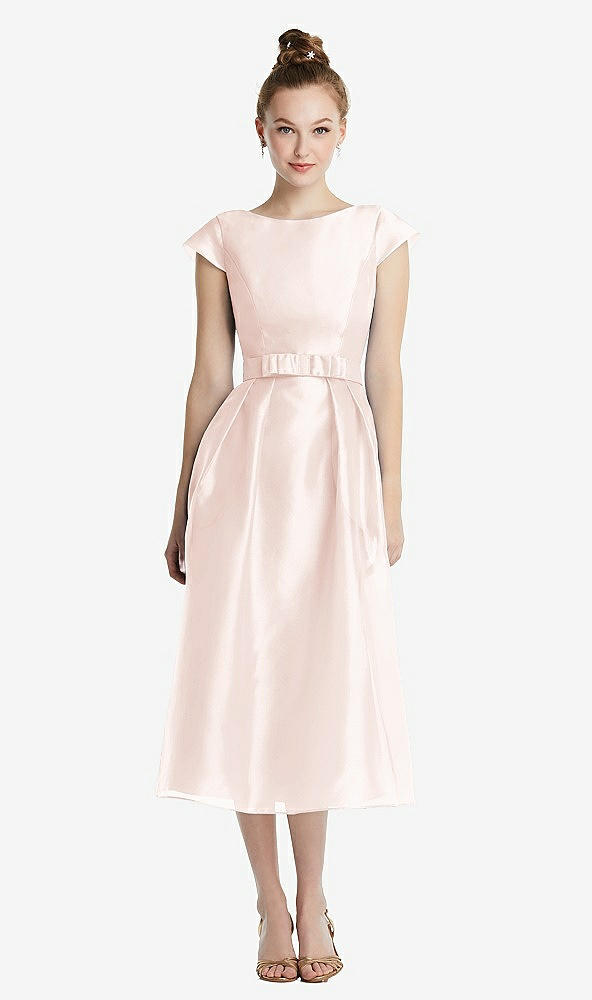 【STYLE: TH067】Cap Sleeve Pleated Skirt Midi Dress with Bowed Waist【COLOR: Blush】