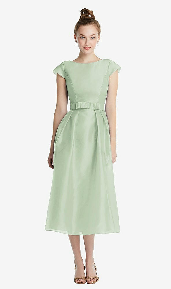 【STYLE: TH067】Cap Sleeve Pleated Skirt Midi Dress with Bowed Waist【COLOR: Celadon】