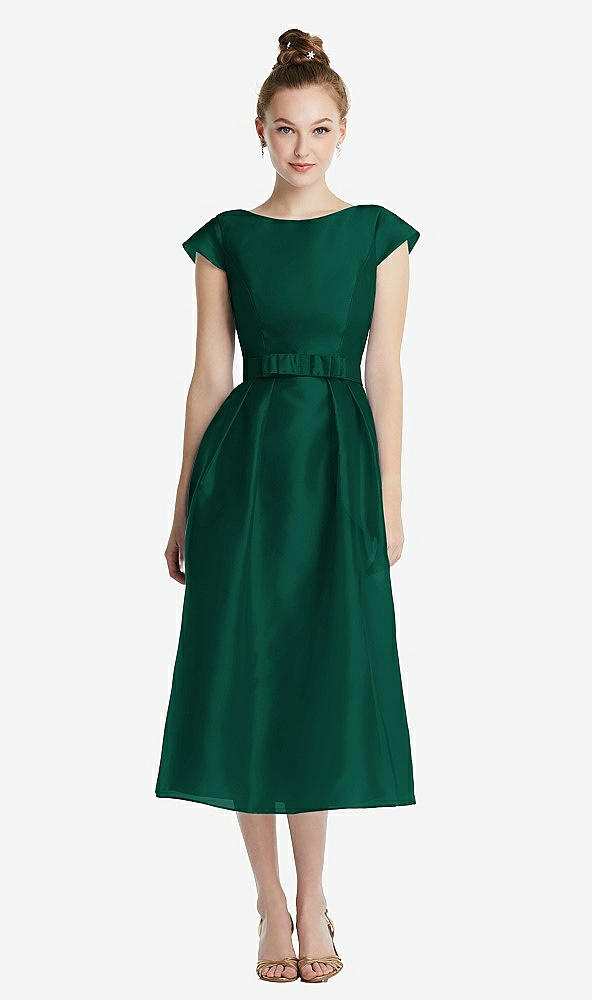 【STYLE: TH067】Cap Sleeve Pleated Skirt Midi Dress with Bowed Waist【COLOR: Hunter Green】