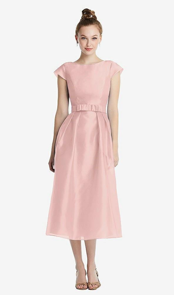 【STYLE: TH067】Cap Sleeve Pleated Skirt Midi Dress with Bowed Waist【COLOR: Rose - PANTONE Rose Quartz】