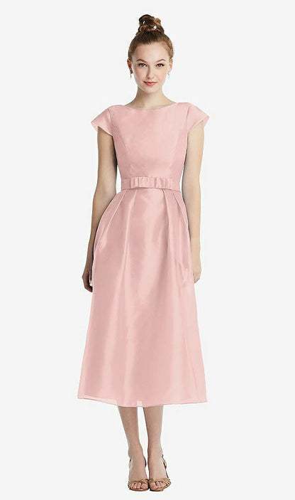 【STYLE: TH067】Cap Sleeve Pleated Skirt Midi Dress with Bowed Waist【COLOR: Rose - PANTONE Rose Quartz】