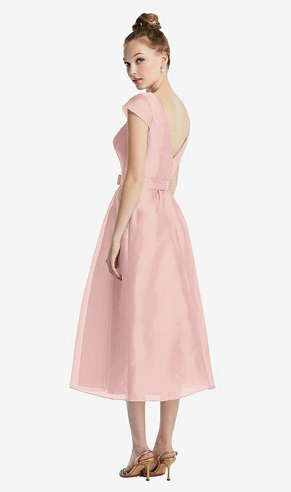 【STYLE: TH067】Cap Sleeve Pleated Skirt Midi Dress with Bowed Waist【COLOR: Rose - PANTONE Rose Quartz】
