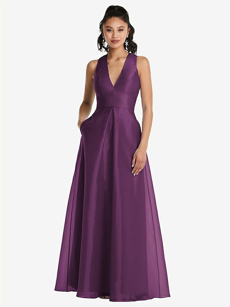 【STYLE: TH068】Plunging Neckline Pleated Skirt Maxi Dress with Pockets【COLOR: Aubergine】