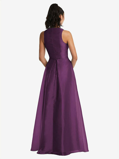 【STYLE: TH068】Plunging Neckline Pleated Skirt Maxi Dress with Pockets【COLOR: Aubergine】