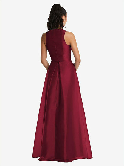 【STYLE: TH068】Plunging Neckline Pleated Skirt Maxi Dress with Pockets【COLOR: Burgundy】