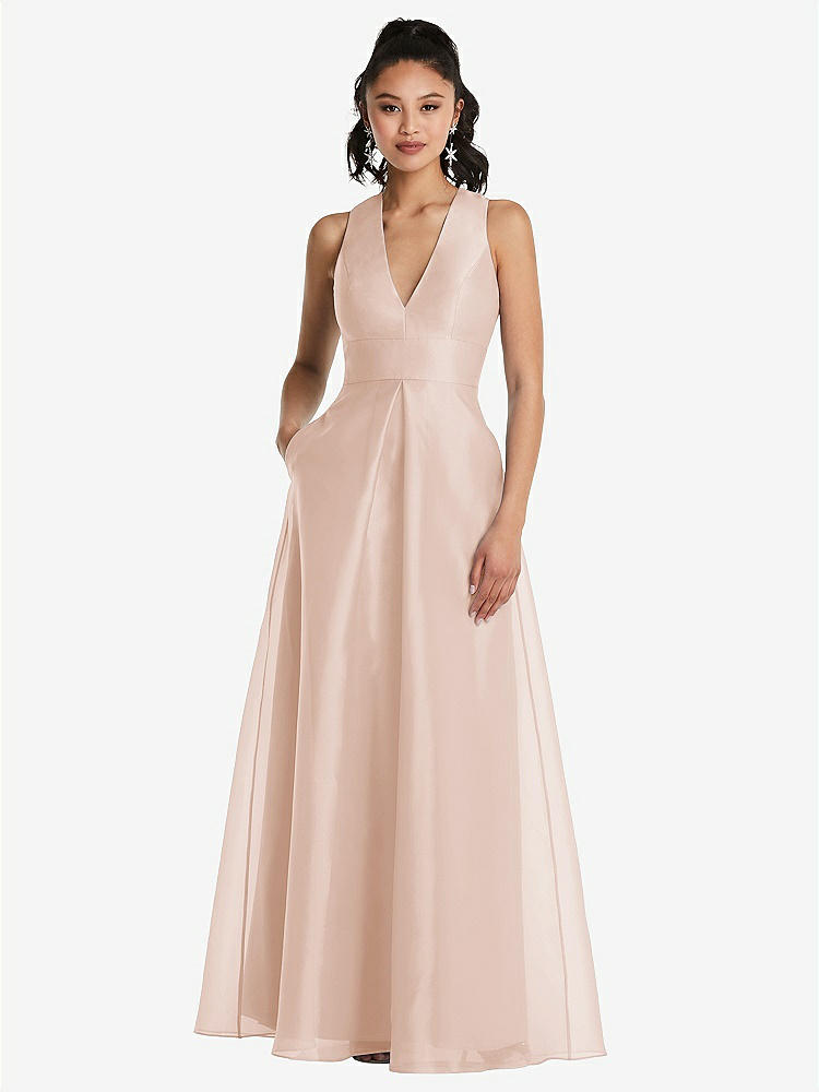 【STYLE: TH068】Plunging Neckline Pleated Skirt Maxi Dress with Pockets【COLOR: Cameo】