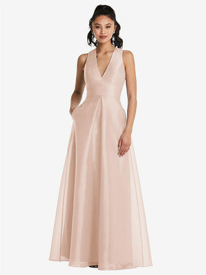 【STYLE: TH068】Plunging Neckline Pleated Skirt Maxi Dress with Pockets【COLOR: Cameo】