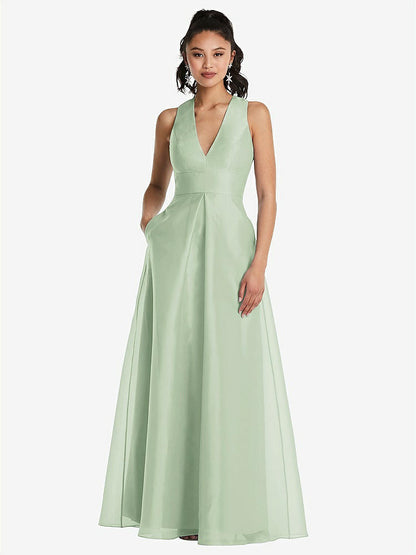 【STYLE: TH068】Plunging Neckline Pleated Skirt Maxi Dress with Pockets【COLOR: Celadon】