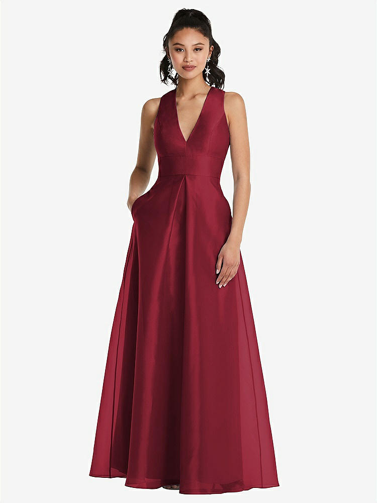 【STYLE: TH068】Plunging Neckline Pleated Skirt Maxi Dress with Pockets【COLOR: Claret】
