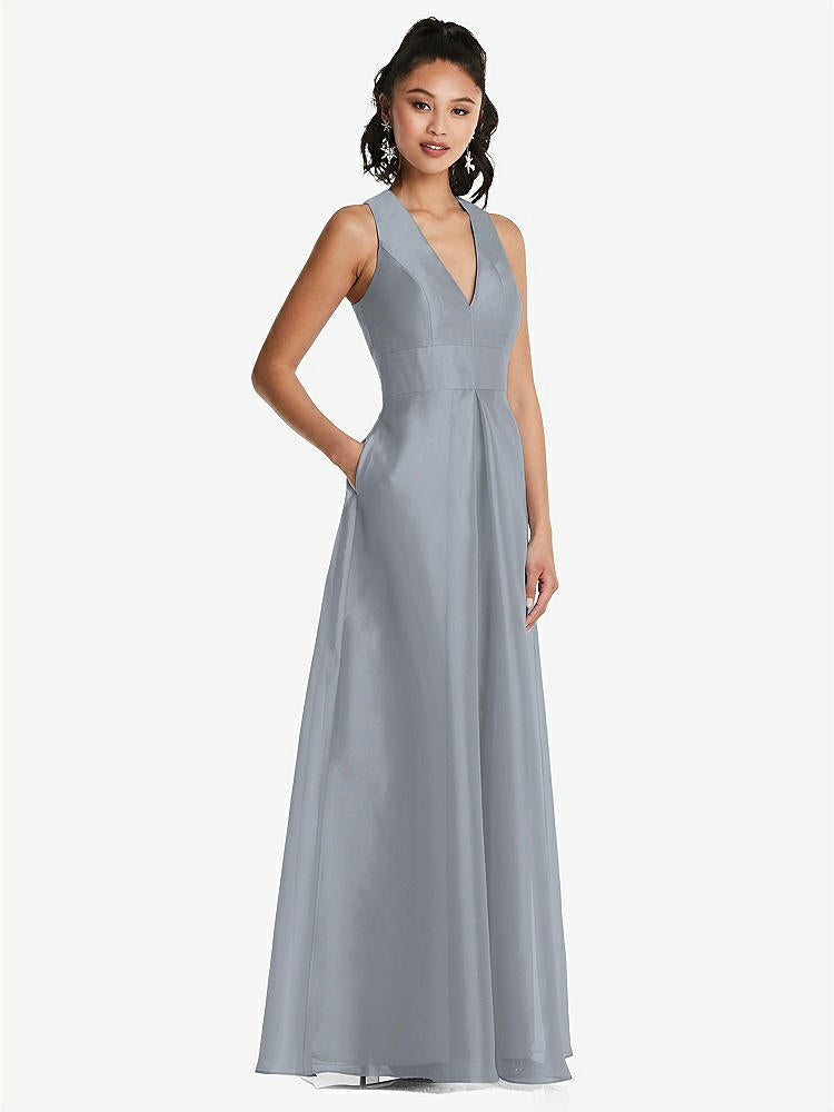 【STYLE: TH068】Plunging Neckline Pleated Skirt Maxi Dress with Pockets【COLOR: Platinum】