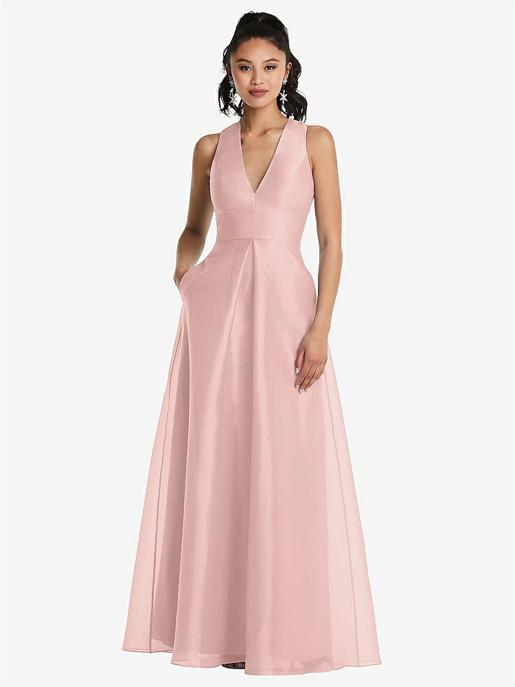 【STYLE: TH068】Plunging Neckline Pleated Skirt Maxi Dress with Pockets【COLOR: Rose - PANTONE Rose Quartz】