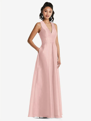 【STYLE: TH068】Plunging Neckline Pleated Skirt Maxi Dress with Pockets【COLOR: Rose - PANTONE Rose Quartz】