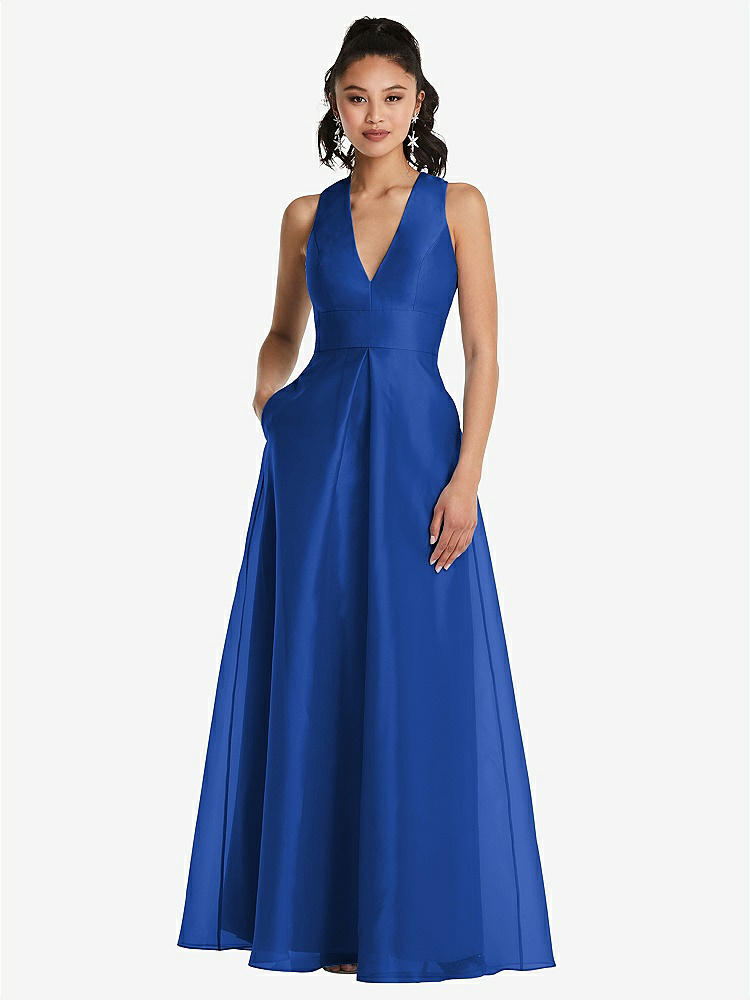 【STYLE: TH068】Plunging Neckline Pleated Skirt Maxi Dress with Pockets【COLOR: Sapphire】