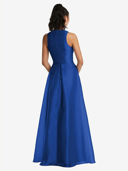 【STYLE: TH068】Plunging Neckline Pleated Skirt Maxi Dress with Pockets【COLOR: Sapphire】