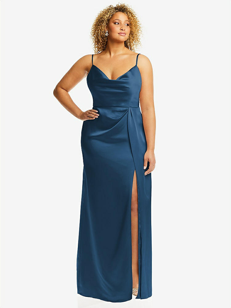 【STYLE: 3072】Cowl-Neck Draped Wrap Maxi Dress with Front Slit【COLOR: Dusk Blue】