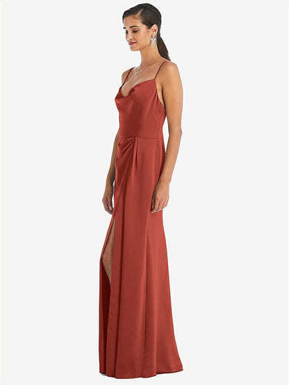【STYLE: 3072】Cowl-Neck Draped Wrap Maxi Dress with Front Slit【COLOR: Amber Sunset】