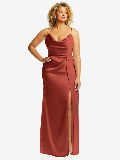 【STYLE: 3072】Cowl-Neck Draped Wrap Maxi Dress with Front Slit【COLOR: Amber Sunset】