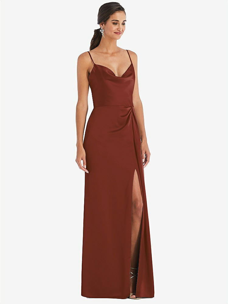 【STYLE: 3072】Cowl-Neck Draped Wrap Maxi Dress with Front Slit【COLOR: Auburn Moon】