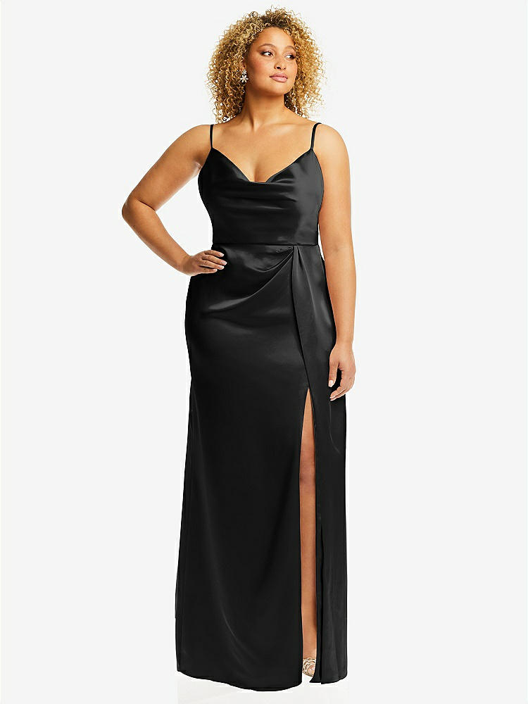 【STYLE: 3072】Cowl-Neck Draped Wrap Maxi Dress with Front Slit【COLOR: Black】