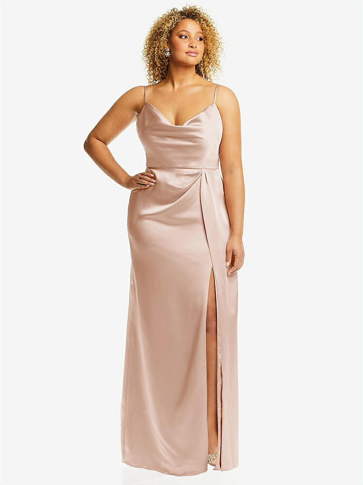 【STYLE: 3072】Cowl-Neck Draped Wrap Maxi Dress with Front Slit【COLOR: Cameo】