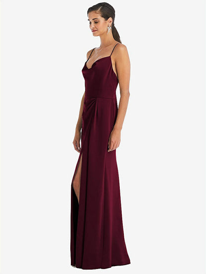 【STYLE: 3072】Cowl-Neck Draped Wrap Maxi Dress with Front Slit【COLOR: Cabernet】