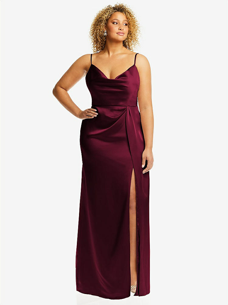 【STYLE: 3072】Cowl-Neck Draped Wrap Maxi Dress with Front Slit【COLOR: Cabernet】