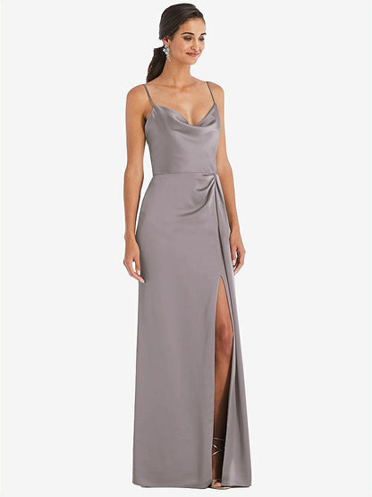 【NEW】【STYLE: 3072】カウルネック ドレープ ラップ マキシ ドレス 前面 スリット【COLOR: Cashmere Gray】【SIZE: 00-30W】