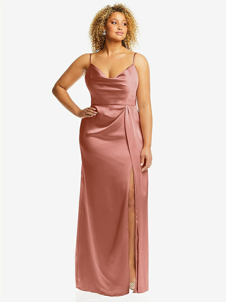【STYLE: 3072】Cowl-Neck Draped Wrap Maxi Dress with Front Slit【COLOR: Desert Rose】