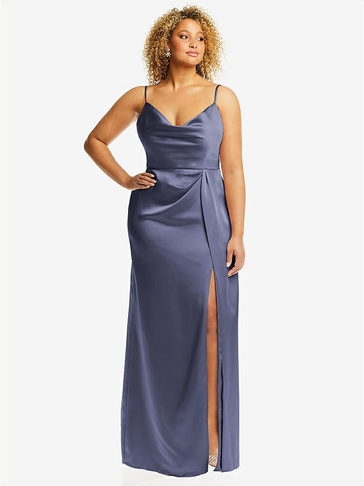 【STYLE: 3072】Cowl-Neck Draped Wrap Maxi Dress with Front Slit【COLOR: French Blue】