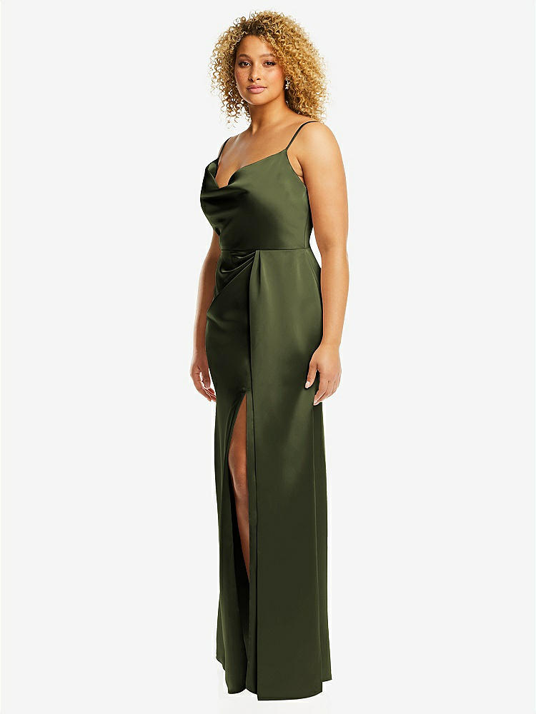 【STYLE: 3072】Cowl-Neck Draped Wrap Maxi Dress with Front Slit【COLOR: Olive Green】