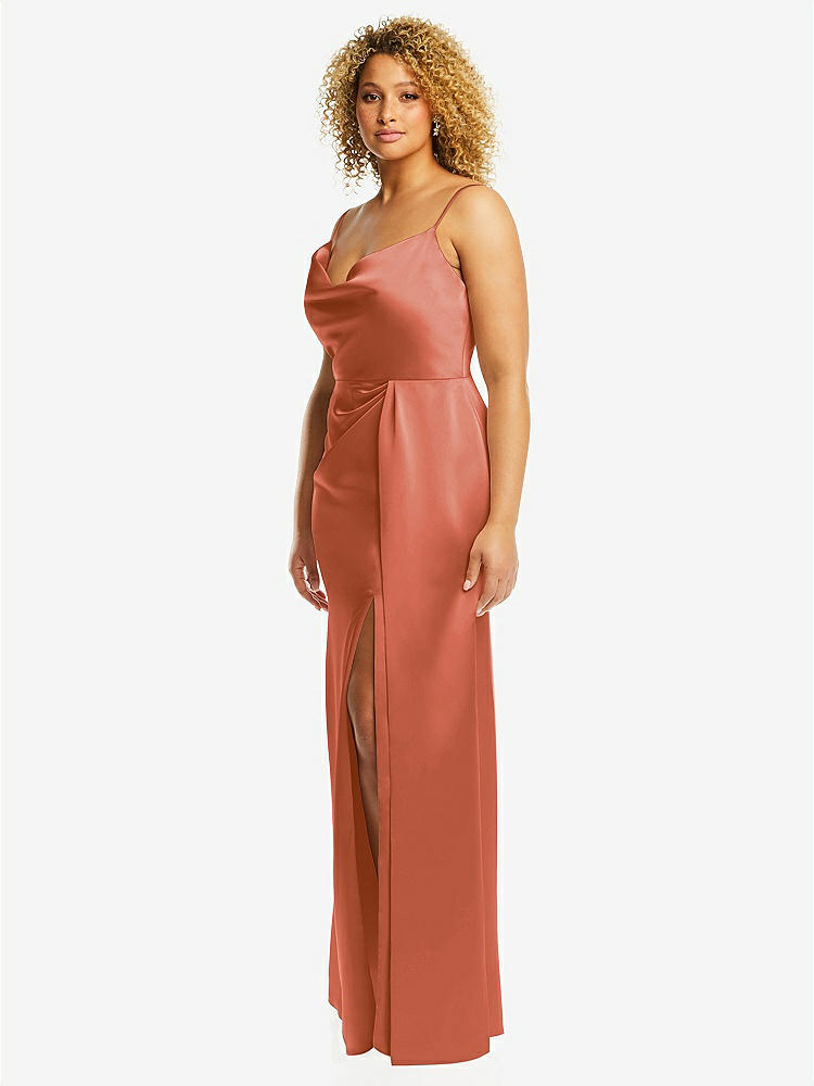 【STYLE: 3072】Cowl-Neck Draped Wrap Maxi Dress with Front Slit【COLOR: Terracotta Copper】