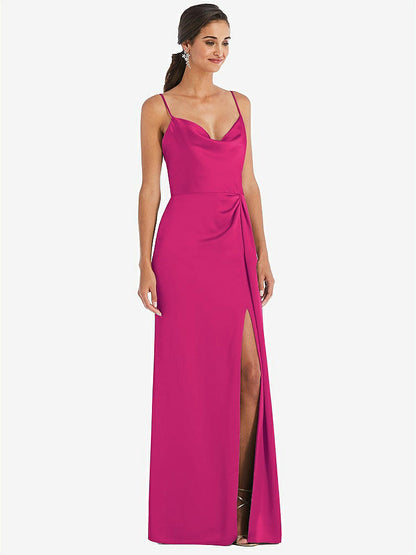 【STYLE: 3072】Cowl-Neck Draped Wrap Maxi Dress with Front Slit【COLOR: Think Pink】
