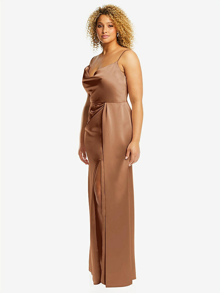 【STYLE: 3072】Cowl-Neck Draped Wrap Maxi Dress with Front Slit【COLOR: Toffee】
