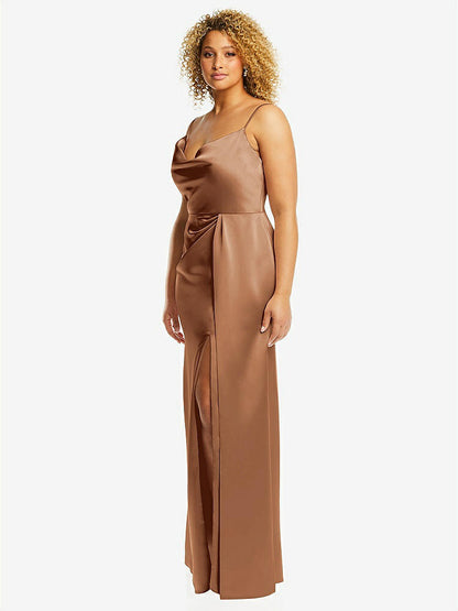 【STYLE: 3072】Cowl-Neck Draped Wrap Maxi Dress with Front Slit【COLOR: Toffee】