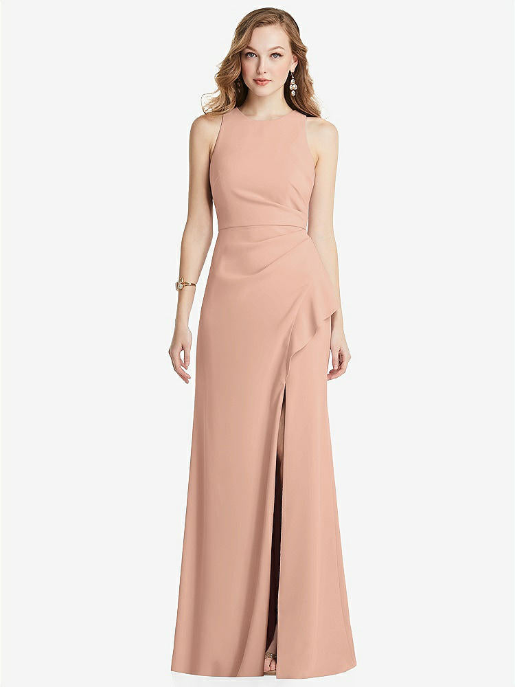 【NEW】【STYLE: 3081】ホルター マキシ ドレス カスケード フリル スリット【COLOR: Pale Peach】【SIZE: 00-30W】